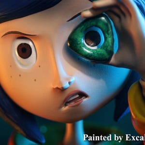 May include: A digital illustration of a cartoon character with blue hair, holding a green object up to their eye. The character has a surprised expression. The text "Painted by ExcaliburCreations" is at the bottom.