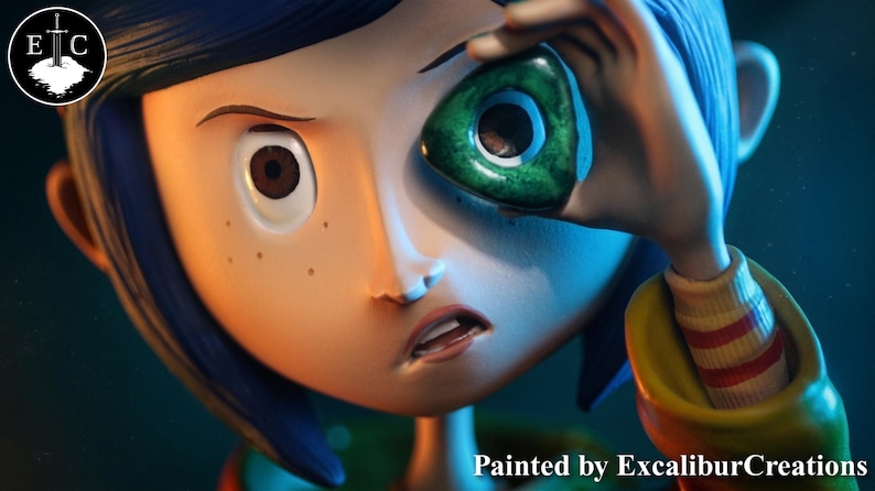 May include: A digital illustration of a cartoon character with blue hair, holding a green object up to their eye. The character has a surprised expression. The text "Painted by ExcaliburCreations" is at the bottom.