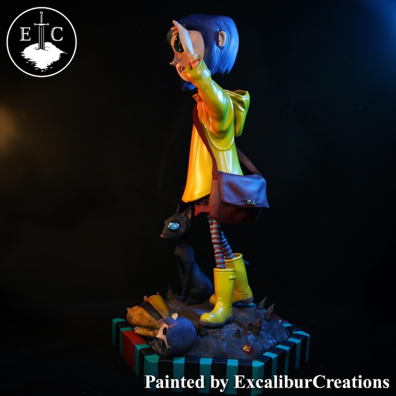 May include: A detailed figurine of a character with blue hair, wearing a yellow raincoat, and yellow boots. A black cat with blue eyes sits beside the character. The base is decorated with a striped pattern and the text "Painted by ExcaliburCreations".