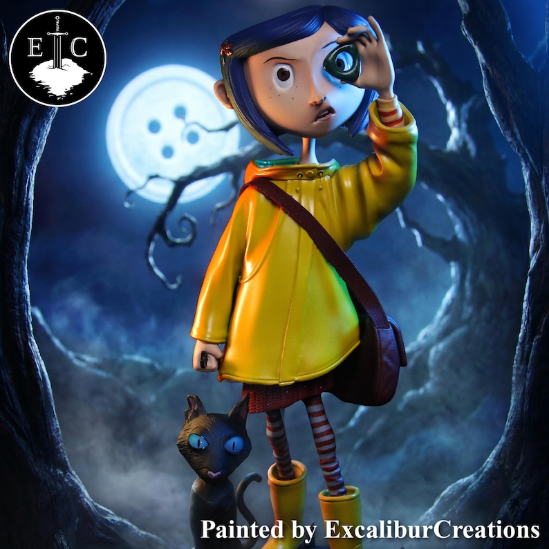 May include: A figurine of a girl in a yellow raincoat, holding a button-shaped object to her eye. A black cat with blue eyes stands beside her. The background features a full moon and dark, twisted trees. Text on the bottom reads "Painted by ExcaliburCreations."