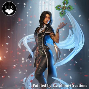 Może przedstawiać: Szczegółowa figurka osoby w czarnym stroju ze złotymi akcentami, trzymającej krzyż z niebieskimi i zielonymi detalami. Postać otoczona jest płynącymi niebiesko-białymi wstążkami i opadającymi płatkami. Tekst "Painted by ExcaliburCreations" znajduje się na dole.