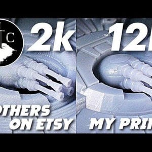 May include: A light blue 3D-printed model with multiple gun barrels. The image includes the text "2k" and "12k", along with the phrases "Others on Etsy" and "My Prints". A circular logo with a sword is also present.