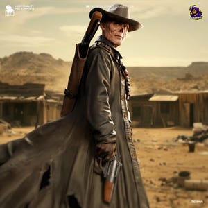 May include: A digital illustration of a figure in a cowboy hat and long coat, holding a revolver. The figure has a weathered appearance, set against a desert backdrop with old west buildings. A rifle is slung over the shoulder.