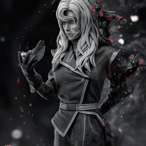 May include: A monochromatic figurine of a figure with long wavy hair, wearing a collared jacket with a belt. The figure holds a small object in one hand, while the other arm dissolves into scattered red and white circular petals against a dark background.
