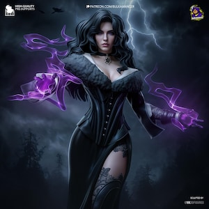 May include: A detailed digital art piece of a woman in a black dress with a corset and lace accents. She has long black hair and is surrounded by purple energy. The background features a stormy sky and a forest.
