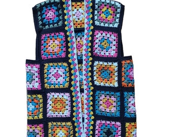 Cárdigan chaleco de crochet hecho a mano en mezcla de lana Multicolor talla L-XL Mujer