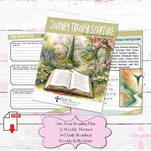 May include: A printable one-year Bible reading plan with a colorful illustration of a path leading to an open book. The title is "Journey Through Scripture: One-Year Bible Reading Plan".