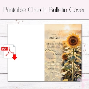 Könnte beinhalten: Druckbare Kirchenbulletin-Hülle mit einem Aquarellbild von Sonnenblumen und einem Sonnenuntergang. Der Text lautet: "Denn der Herr Gott ist Sonne und Schild; der Herr wird geben Gnade und Herrlichkeit, nichts Gutes hält er zurück von denen, die in Rechtschaffenheit wandeln. Psalm 84:11"