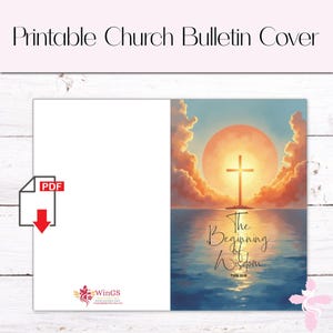 May include: Printable church bulletin cover with a watercolor illustration. The cover features a cross silhouetted against a sunset over water, with the text "The Beginning of Wisdom" and a PDF icon.