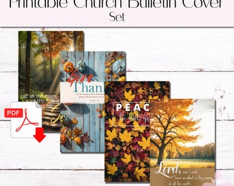 Könnte beinhalten: Satz von vier druckbaren Kirchenbulletins mit Herbstmotiven und inspirierenden Zitaten. Die Cover zeigen einen Waldweg, einen Holzgrund mit Kürbissen, einen Haufen Herbstlaub und einen Baum auf einem Feld. Die Zitate lauten: "Lasst alle Bäume des Waldes vor Freude singen", "Dankt", "Friede sei mit euch" und "Herr, unser Herr, wie herrlich ist dein Name in aller Welt".