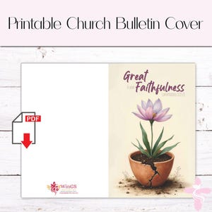 Puede incluir: Portada de boletín de iglesia imprimible con una ilustración en acuarela de una flor en una maceta de terracota agrietada. El texto "Great is your Faithfulness" se muestra en escritura. Un icono de descarga PDF es visible.
