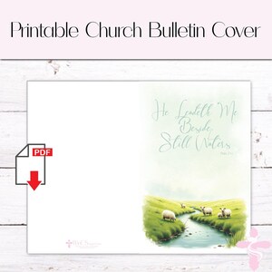 Könnte beinhalten: Druckbare Kirchenbulletin-Hülle mit einer Aquarell-Illustration eines Baches mit Schafen und dem Text "He Leadeth Me Beside Still Waters, Psalm 23:2".