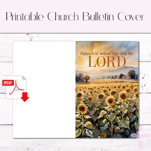 Könnte beinhalten: Druckbare Kirchenbulletin-Hülle mit einem Aquarellbild eines Sonnenblumenfeldes. Der Text lautet "Glücklich ist, wer seine Hoffnung auf den HERRN setzt Psalm 116:5".