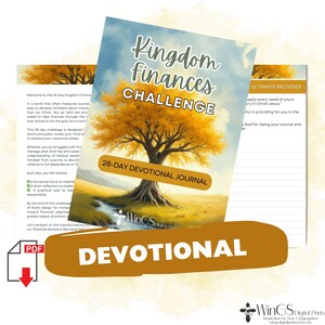 May include: A devotional journal titled "Kingdom Finances Challenge" with a landscape illustration of a tree with golden leaves. The journal includes the text "28-Day Devotional Journal" and "Devotional". A PDF icon is visible.