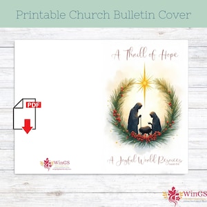 May include: A printable church bulletin cover featuring a nativity scene within a wreath of greenery and red berries, with the text "A Thrill of Hope" and "A Joyful World Rejoices." The design includes a PDF icon and the Wings logo.