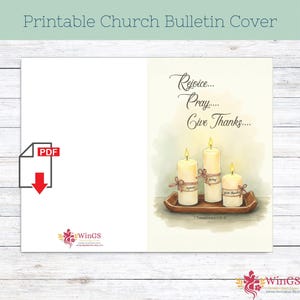 May include: Printable church bulletin cover with the text "Rejoice... Pray... Give Thanks..." and three lit candles on a wooden tray. The design includes a PDF download icon and the "WinGS" logo.