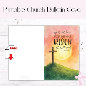 Op de afbeelding: Printbare kerkbulletinomslag met een aquarel-zonsondergangachtergrond. De tekst luidt "Hij is niet hier. Want Hij is opgestaan, zoals Hij gezegd heeft. Mattheüs 28:6".