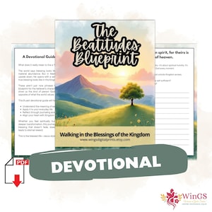 Puede incluir: Una guía devocional titulada "The Beatitudes Blueprint" con una ilustración de paisaje de una montaña, un árbol y una puesta de sol. También es visible el texto "Walking in the Blessings of the Kingdom". Se muestra la palabra "DEVOTIONAL".