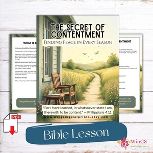 May include: A digital Bible lesson titled The Secret of Contentment: Finding Peace in Every Season. The cover features a wooden rocking chair on a porch overlooking a grassy path, with the text For I have learned, in whatsoever state I am.