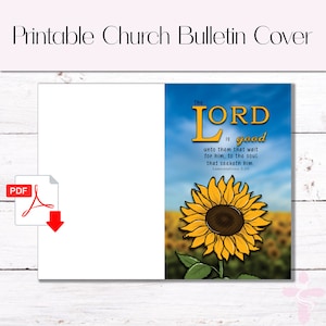 Könnte beinhalten: Druckbare Kirchenbulletin-Hülle mit einer Sonnenblume und einem blauen Himmel als Hintergrund. Der Text lautet "Der Herr ist gut zu denen, die auf ihn warten, zu der Seele, die ihn sucht. Klagelieder 3:25"