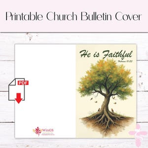 May include: Printable church bulletin cover with a watercolor illustration of a tree with green and orange leaves. The text "He is Faithful" is at the top, with "Hebrews 10:23" below it. A PDF icon is on the left.