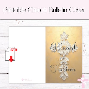Könnte beinhalten: Druckbare Kirchenbulletin-Hülle mit einem weißen Kreuz aus Blumen auf goldenem Hintergrund. Der Text lautet "Gesegnet ist er, dessen Übertretung vergeben ist" Psalm 32:1.