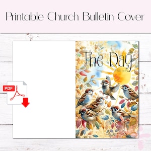 Könnte beinhalten: Druckbare Kirchenbulletin-Titelseite mit Aquarellillustration. Das Design zeigt Spatzen auf Ästen mit bunten Blättern. Der Text "This is The Day" wird über einer Sonne angezeigt.