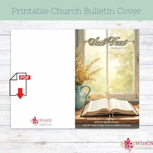 May include: Printable church bulletin cover with a PDF download icon. The right side features a window scene with an open book, a vase of dried flowers, and the text "Seek First Matthew 6:33". The bottom has the text "But seek ye first the kingdom of God".