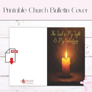 May include: Printable church bulletin cover with a candle illustration. The right side features a lit candle with the text "The Lord is My Light & My Salvation Psalm 27:1" in gold script. The left side is blank with a PDF icon.