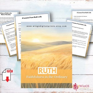 May include: A digital download titled "Ruth: Faithfulness in the Ordinary" with a landscape illustration of a wheat field at sunset. The image includes the Etsy shop's URL and a PDF icon.
