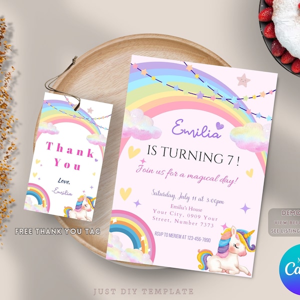 Editable Unicorn girl’s birthday pink Invitation, Printable Unicorn Party Invitation, Digital Rainbow Unicorn Party Invitation Template