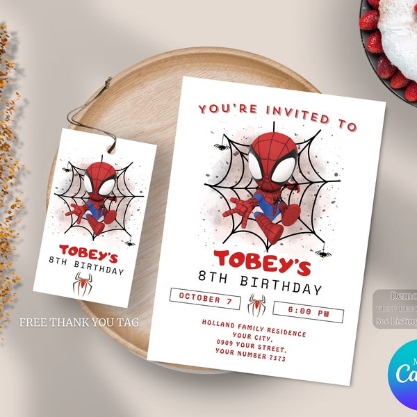 Plantilla de invitación de Spider Man, invitación de fiesta de cumpleaños imprimible, invitación de cumpleaños de Spiderman editable, plantilla de cumpleaños digital para niños