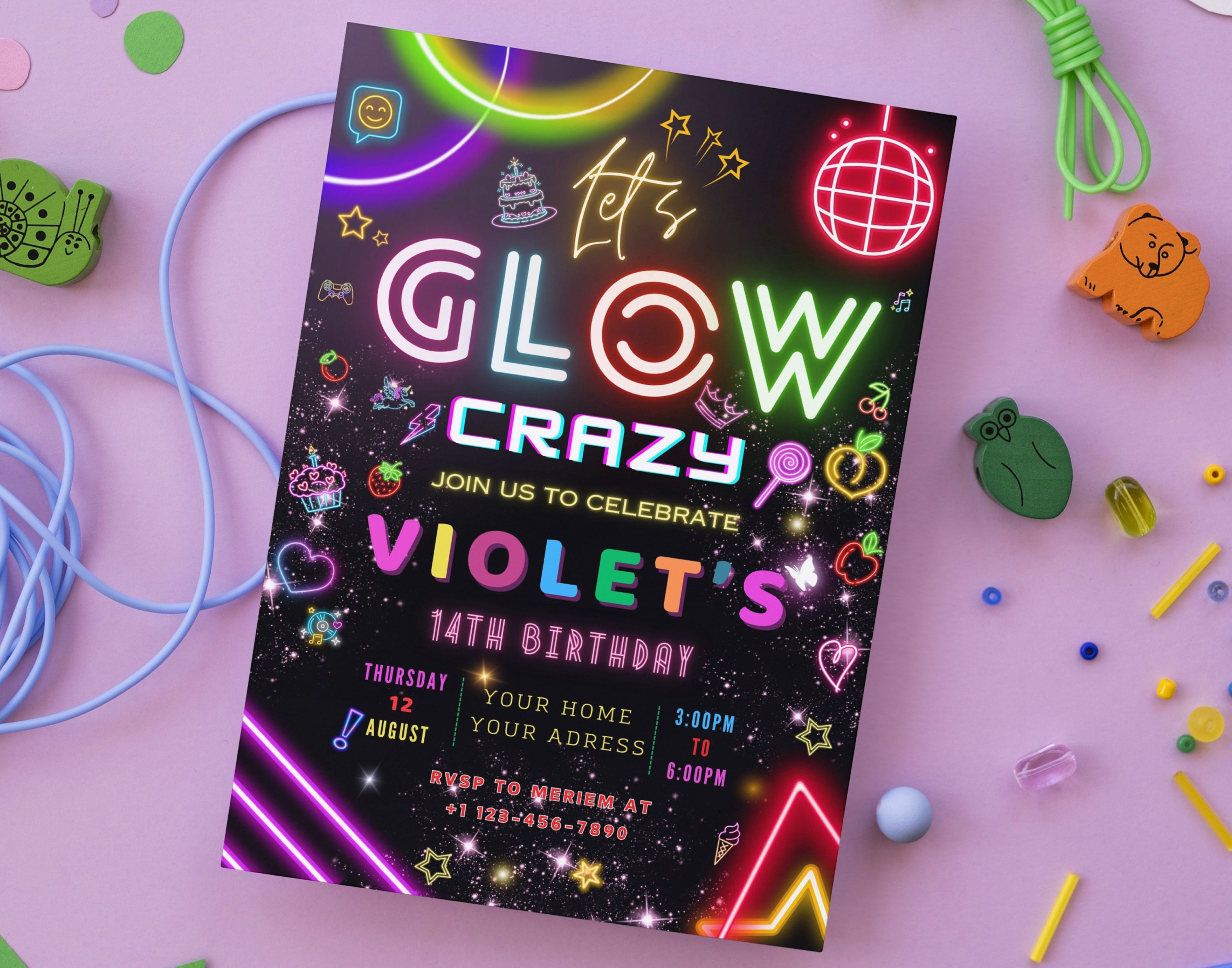Editable Glow Neon Party Birthday Invitation, Printable Neon Glow ...