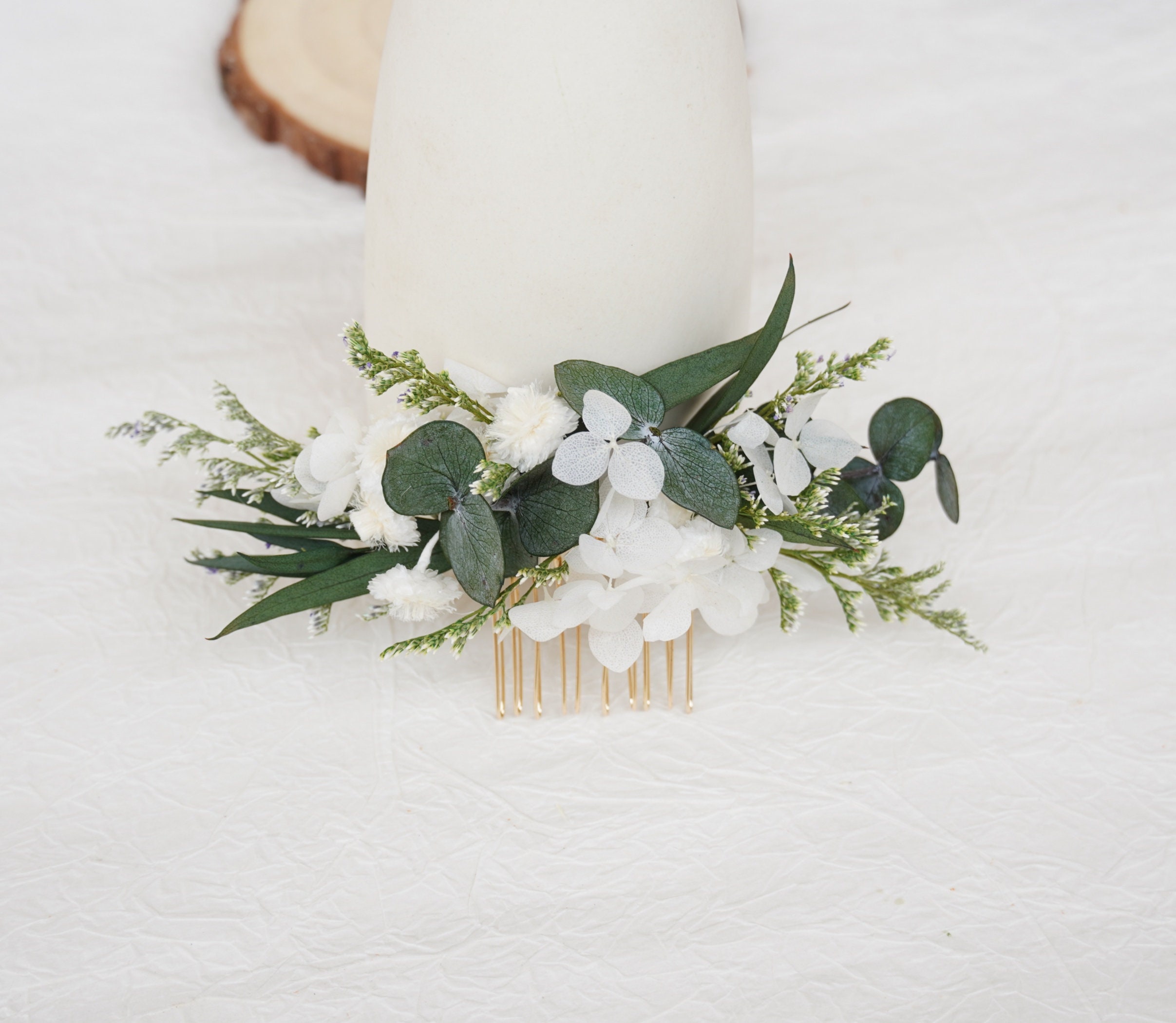 Dried flower hair comb, grass wedding bride hair comb, eucalyptus leaves+white Hydrangea hair comb, Bohemian girl hair accessories