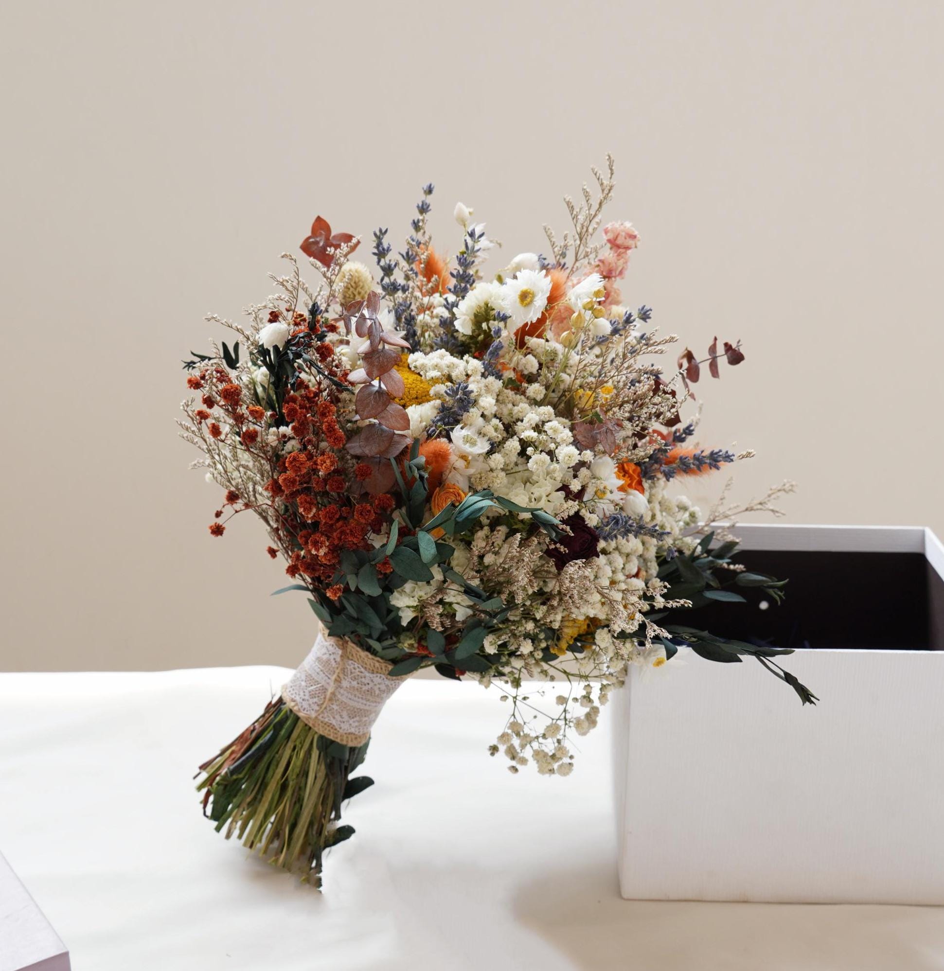Mixed Wildflower Dried Flower Bridal Bouquet, Rural Wedding Dried Flower Bouquet, Dried Rose Eucalyptus Leaf Wedding Bouquet