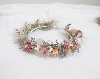 Bohemian dried flower crown, pink themed girl's crown, daisy bridal crown, dried flower crown, wedding hair accessories