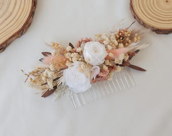 White Rose Dry Flower Hair Comb.  Blended Dry Flower Bride Hair Comb. Baby's Breath Leaf Baby Breathing Girl Comb