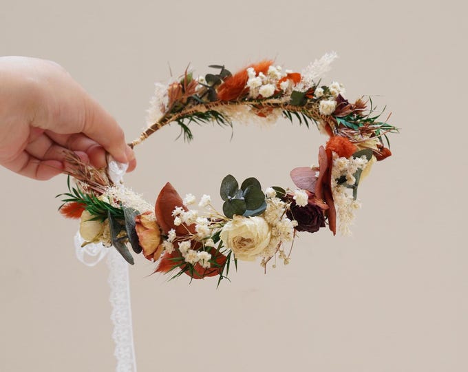 Autumn themed dried flower crown. Bohemian dried flower wedding crown. Orange cream green mixed bridal crown. Baby breathing girl crown