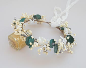 Eucalyptus Dried Flower Crown, Bohemian Bridal Headpiece