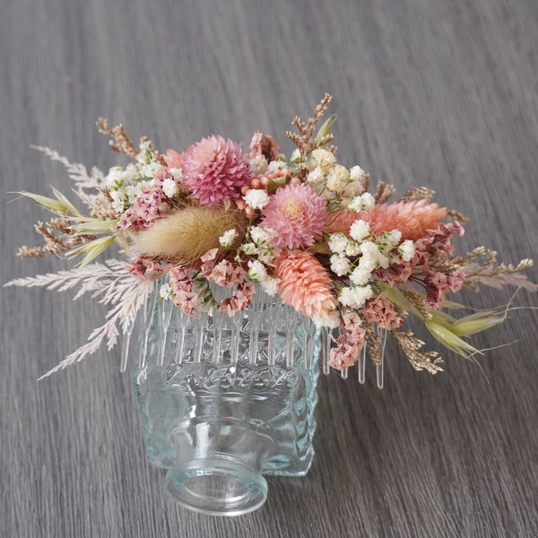 Powder blusher+pink+peach mixed dry flower hair combs, Bohemian wedding bride hair combs, spring wedding bride combs, girl headdresses