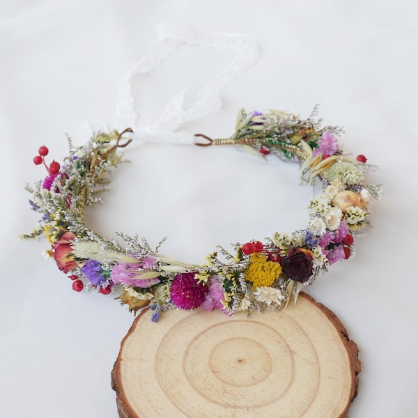Wildblumen Krone im Boho Stil. Bunte Trockenblumen Krone. Ländliche Hochzeit Trockenblumenkrone. Herbstfarben Mädchenkrone