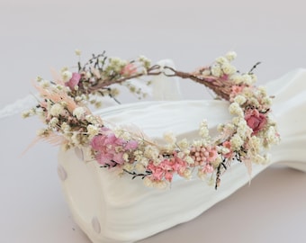 Bohemian Pink Dried Flower Crown : Wedding Hair Accessory
