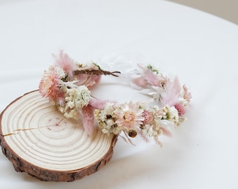 Natural dried flowers Crown,Pink Bridal Crown,Newborn Crown, Flower Crown Halo, Flower Girl Crown, Boho Flower Crown,Boutonniere