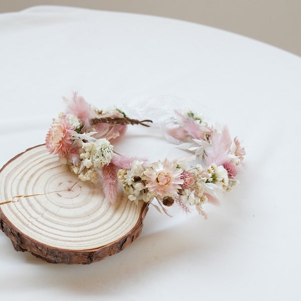 Natural dried flowers Crown,Pink Bridal Crown,Newborn Crown, Flower Crown Halo, Flower Girl Crown, Boho Flower Crown,Boutonniere
