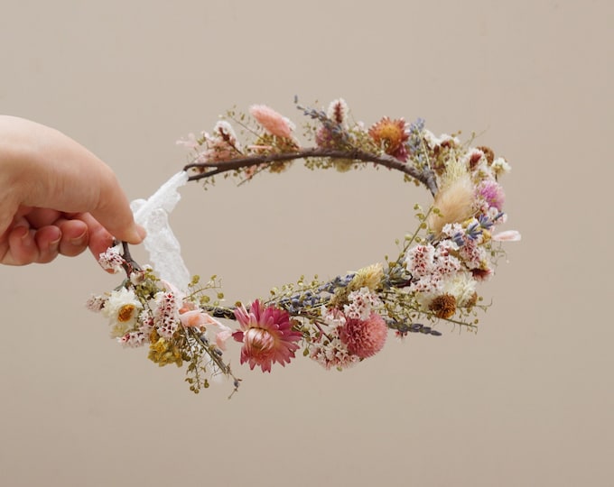 Spring Colored Dried Flower Wedding Crown, Bohemian Wedding Bride Crown, Daisy+Rabbit Tail Flower Girl Crown, Fairy Crown, Children's Crown