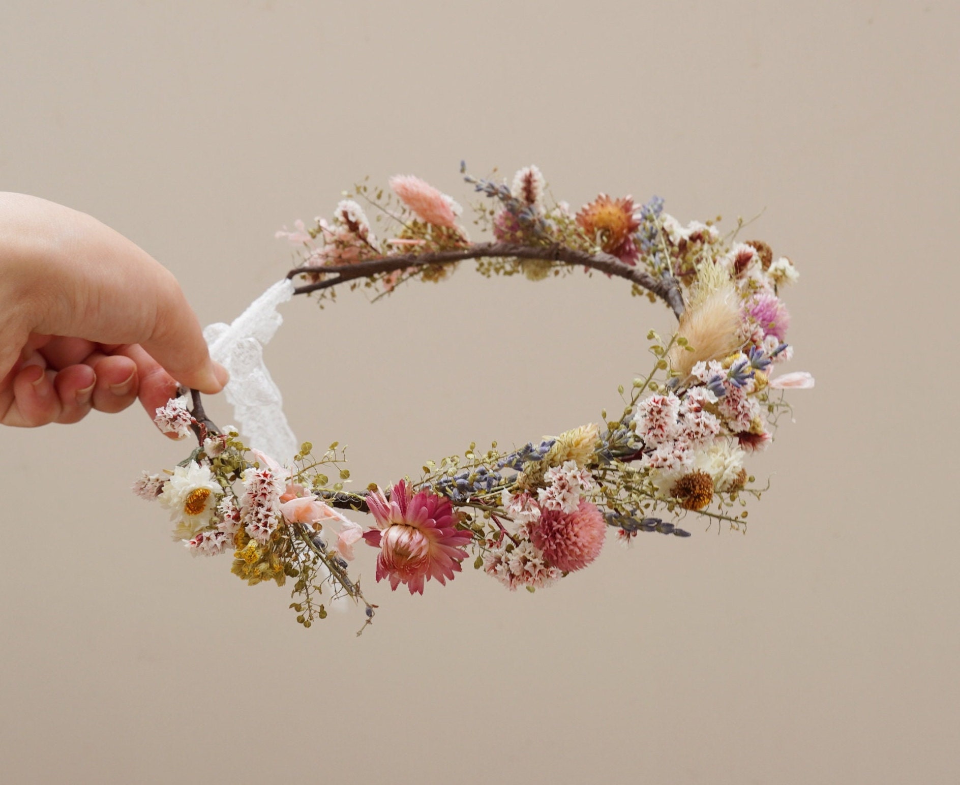 Spring Colored Dried Flower Wedding Crown, Bohemian Wedding Bride Crown, Daisy+Rabbit Tail Flower Girl Crown, Fairy Crown, Children's Crown