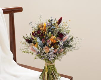 Mixed Wildflower Dried Flower Bridal Bouquet, Rural Wedding Dried Flower Bouquet, Dried Rose Eucalyptus Leaf Wedding Bouquet