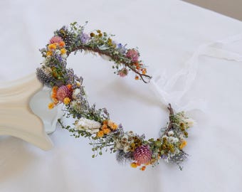 Corona de flores silvestres secas mixtas, corona de plumas de faisán, corona de novia de hierba para bodas, corona con temática campestre, corona infantil