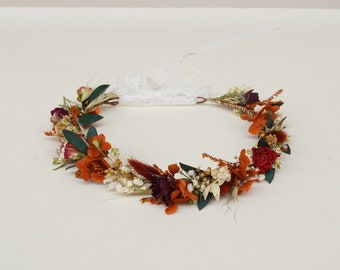 Burnt Orange Theme Dry Flower Crown, Dry Rose Oat Embroidery Ball Flower Mixed Bride Crown, Eucalyptus Leaf Bohemian Wedding Girl Hair Ring