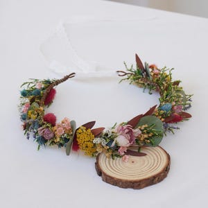 Mixed wild flower dried flower wedding crown, blue thistle eucalyptus leaf lavender dried flower girl crown, bohemian wedding bride crown